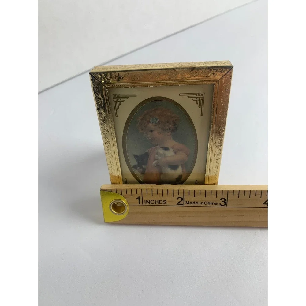 Vintage Decorel Gold Tone Miniature Picture Frame Girl with Puppy‎ and Kitten